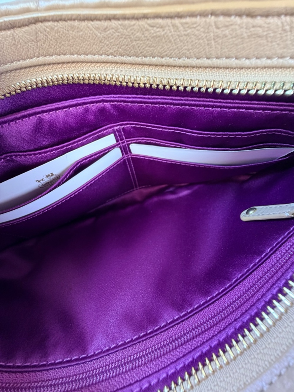 Coach Madison Gathered Leather Zip Clutch In Cappuccino & PURPLE interior - Picture 6 of 8